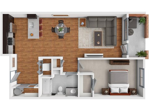 A 3D rendered image of a modern apartment layout.